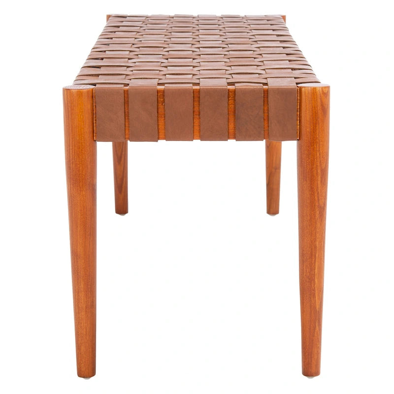 Manervia Woven Leather & Wood Accent Bench – 47W x 16D x 18H