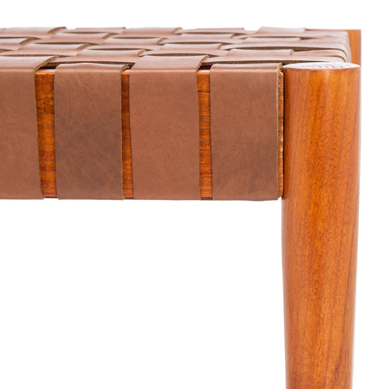 Manervia Woven Leather & Wood Accent Bench – 47W x 16D x 18H