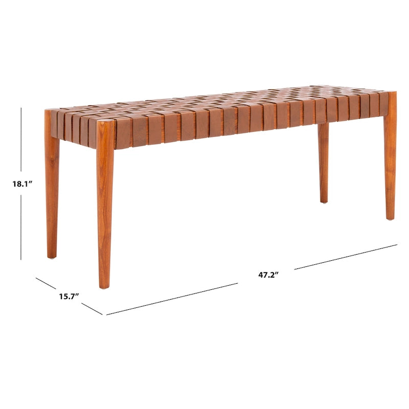 Manervia Woven Leather & Wood Accent Bench – 47W x 16D x 18H