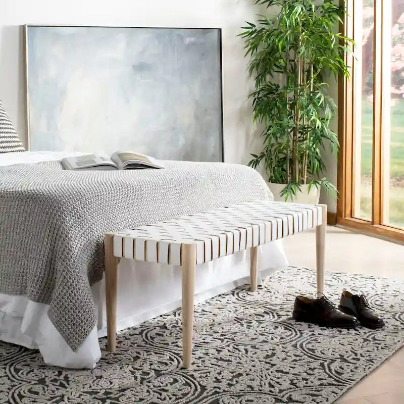 Manervia Woven Leather & Wood Accent Bench – 47W x 16D x 18H