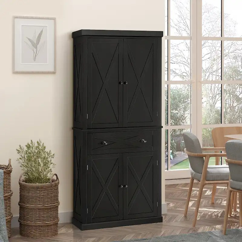 Freestanding Farmhouse 4-Door Kitchen Pantry Cabinet with 6-Tier Storage