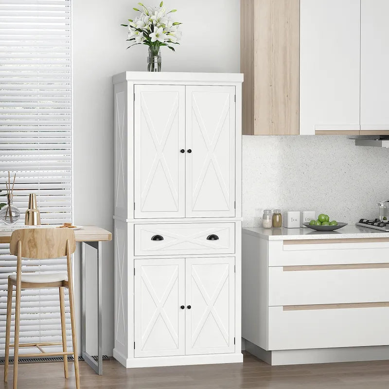Freestanding Farmhouse 4-Door Kitchen Pantry Cabinet with 6-Tier Storage