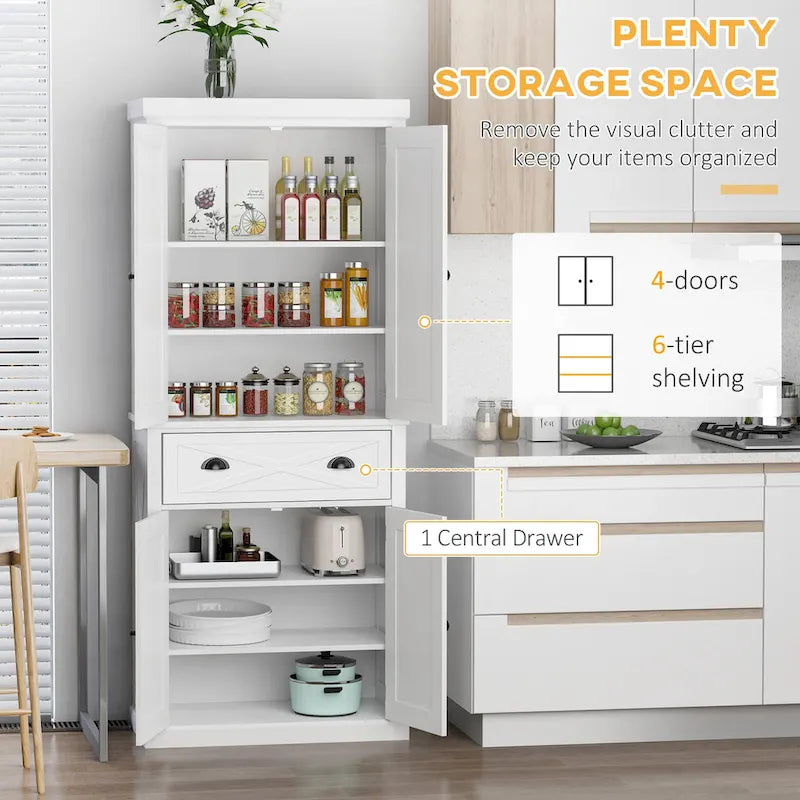 Freestanding Farmhouse 4-Door Kitchen Pantry Cabinet with 6-Tier Storage