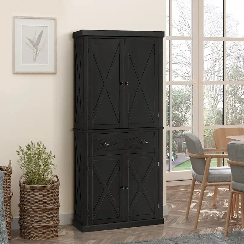 Freestanding Farmhouse 4-Door Kitchen Pantry Cabinet with 6-Tier Storage