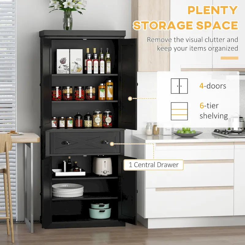 Freestanding Farmhouse 4-Door Kitchen Pantry Cabinet with 6-Tier Storage