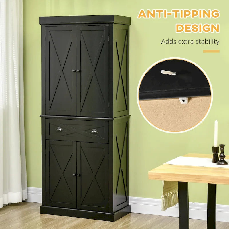 Freestanding Farmhouse 4-Door Kitchen Pantry Cabinet with 6-Tier Storage