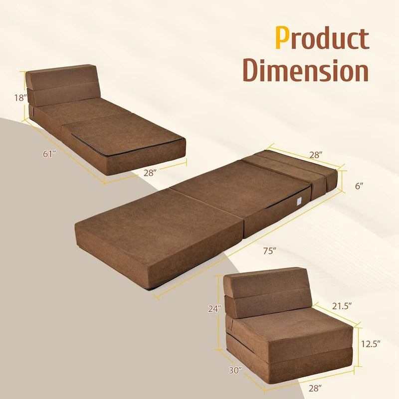 Tri-Fold Fold Down Chair Flip Out Lounger Convertible Sleeper - 77.5 x 29 x 6.5 (L x W x H)