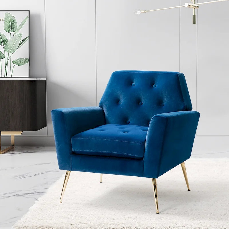 Contemporary Velvet Tufted Armchair with Gold Metal Legs