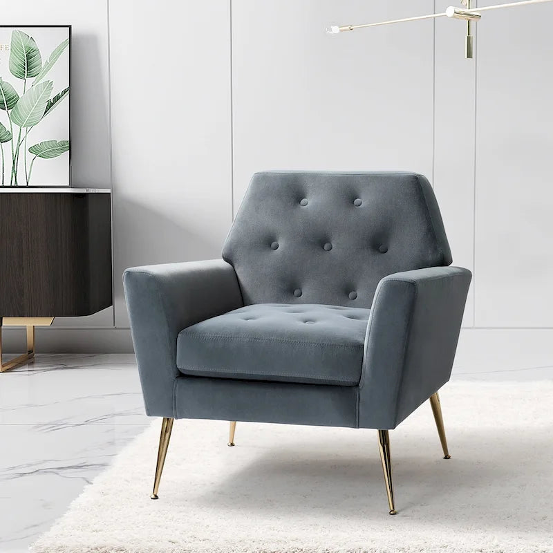 Contemporary Velvet Tufted Armchair with Gold Metal Legs
