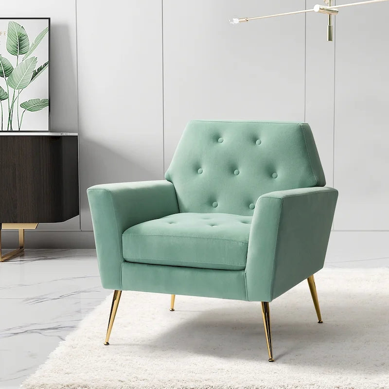 Contemporary Velvet Tufted Armchair with Gold Metal Legs