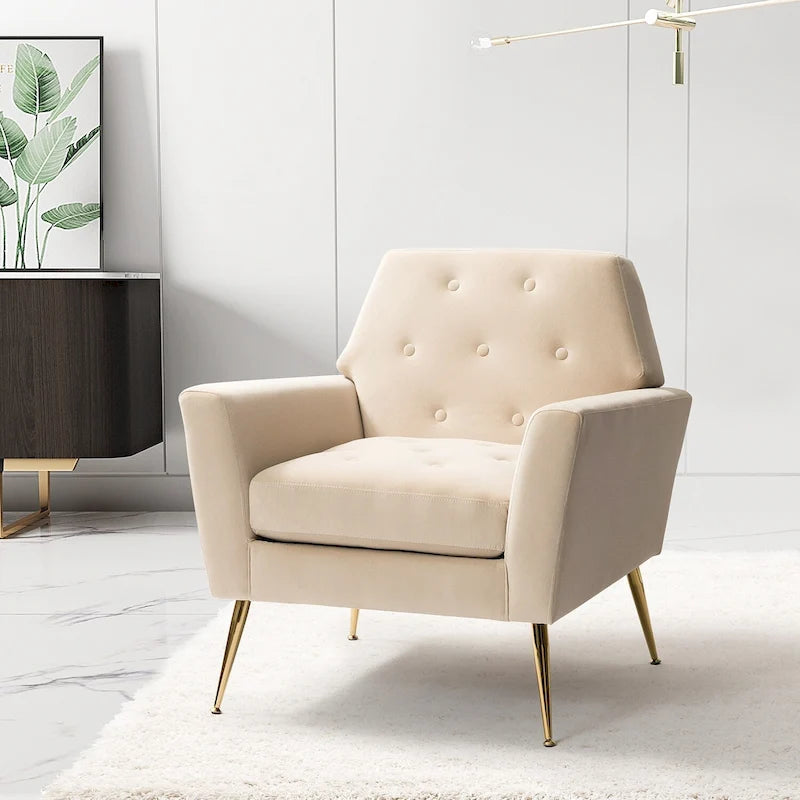 Contemporary Velvet Tufted Armchair with Gold Metal Legs