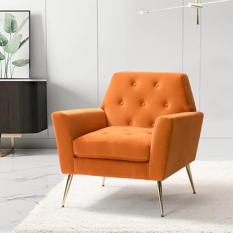 Contemporary Velvet Tufted Armchair with Gold Metal Legs