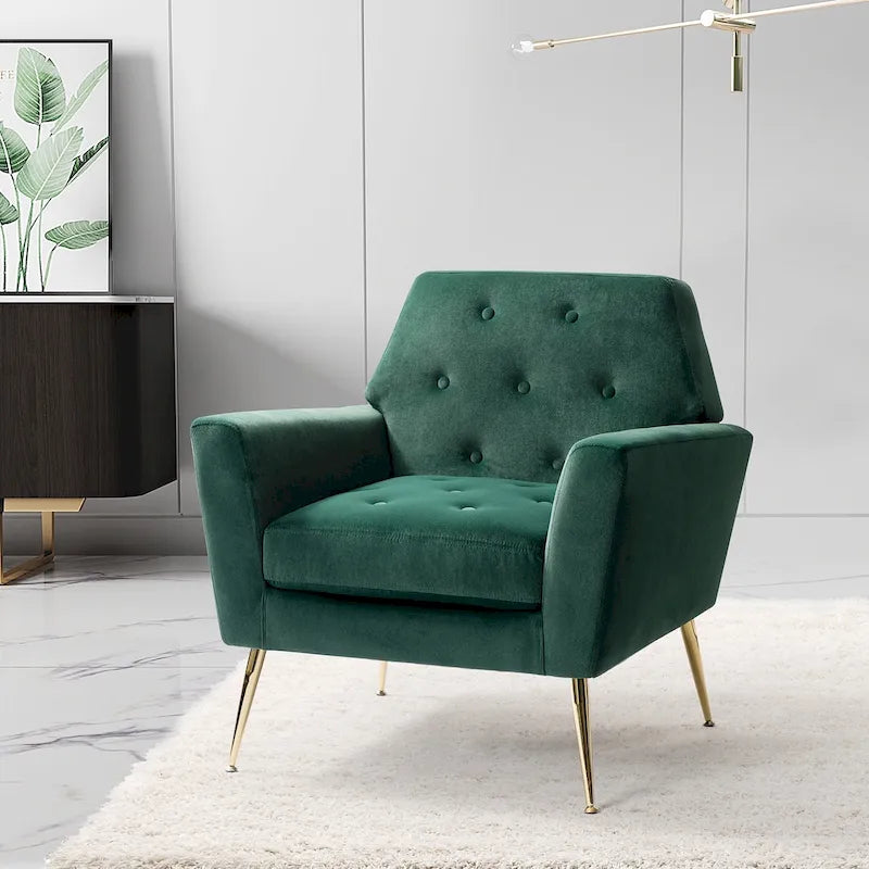 Contemporary Velvet Tufted Armchair with Gold Metal Legs