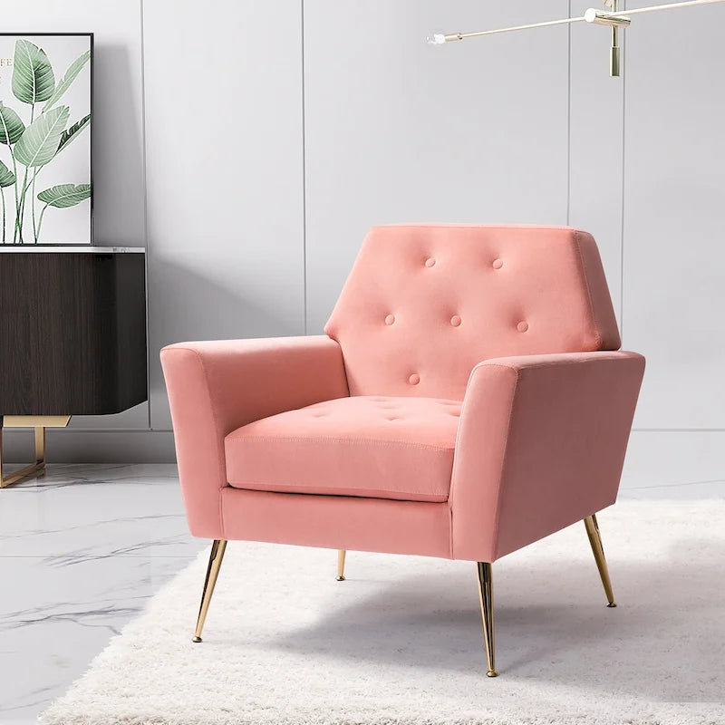 Contemporary Velvet Tufted Armchair with Gold Metal Legs