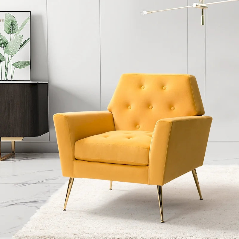 Contemporary Velvet Tufted Armchair with Gold Metal Legs