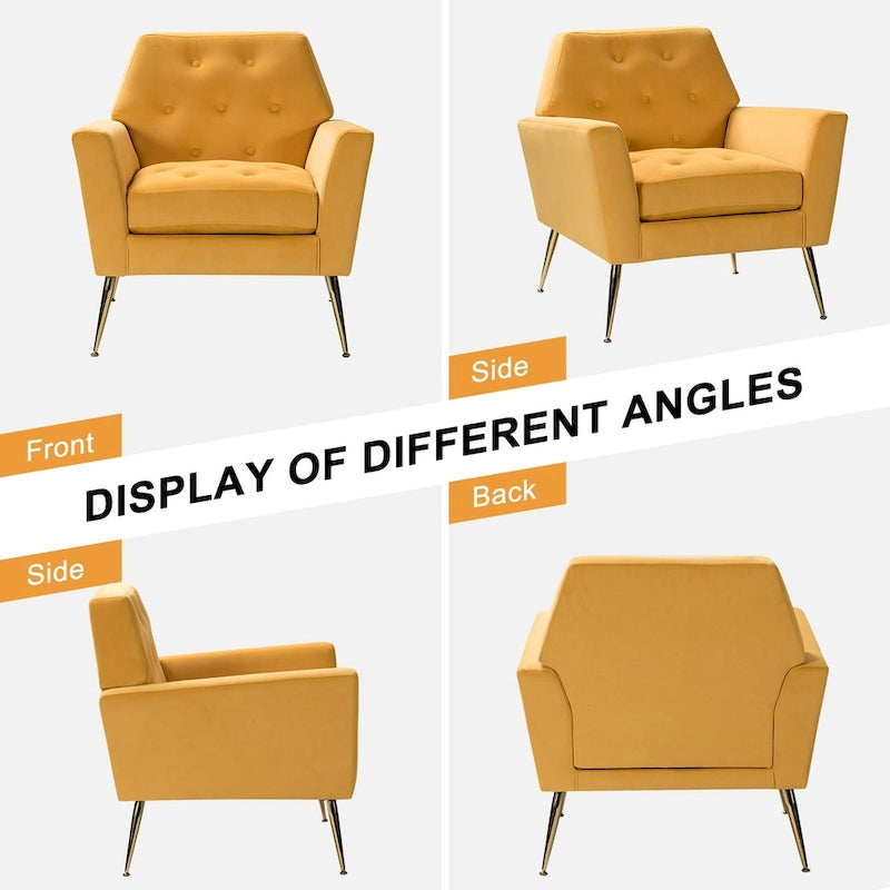 Contemporary Velvet Tufted Armchair with Gold Metal Legs