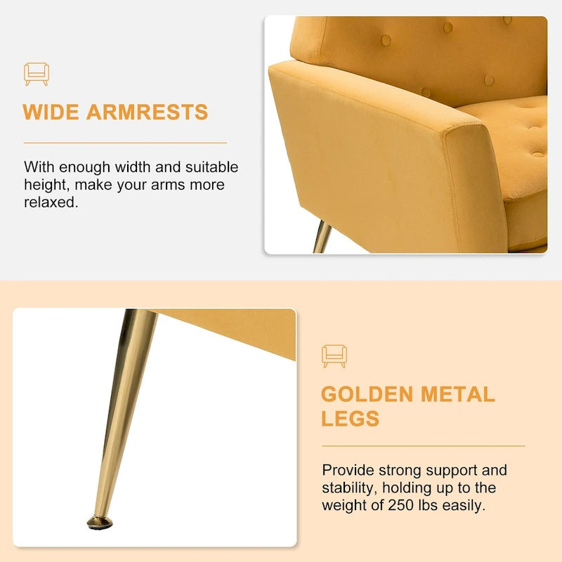Contemporary Velvet Tufted Armchair with Gold Metal Legs