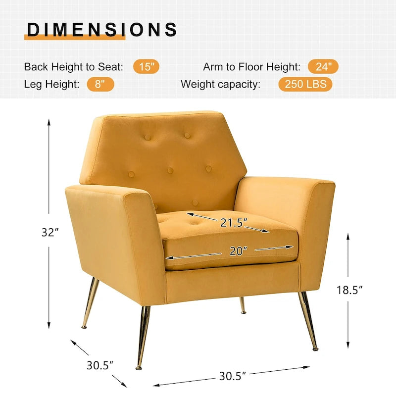 Contemporary Velvet Tufted Armchair with Gold Metal Legs