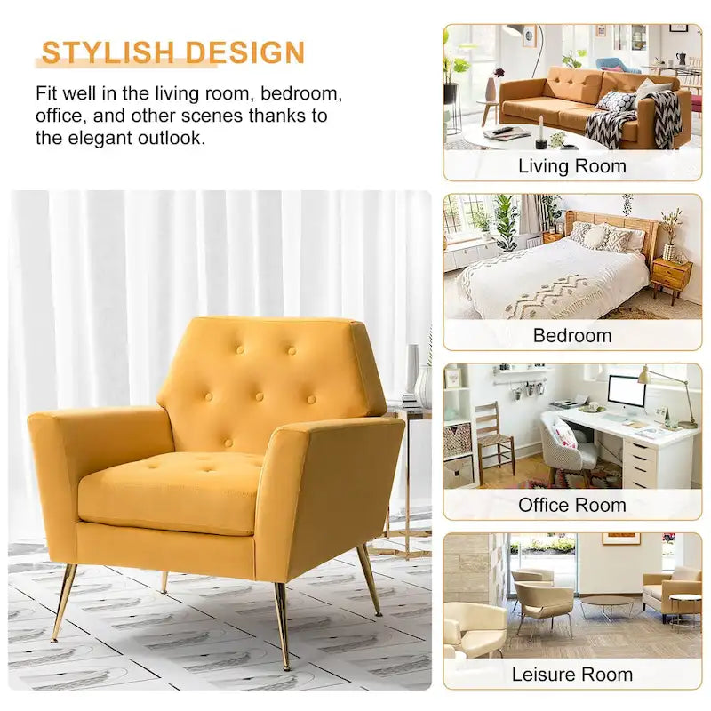 Contemporary Velvet Tufted Armchair with Gold Metal Legs
