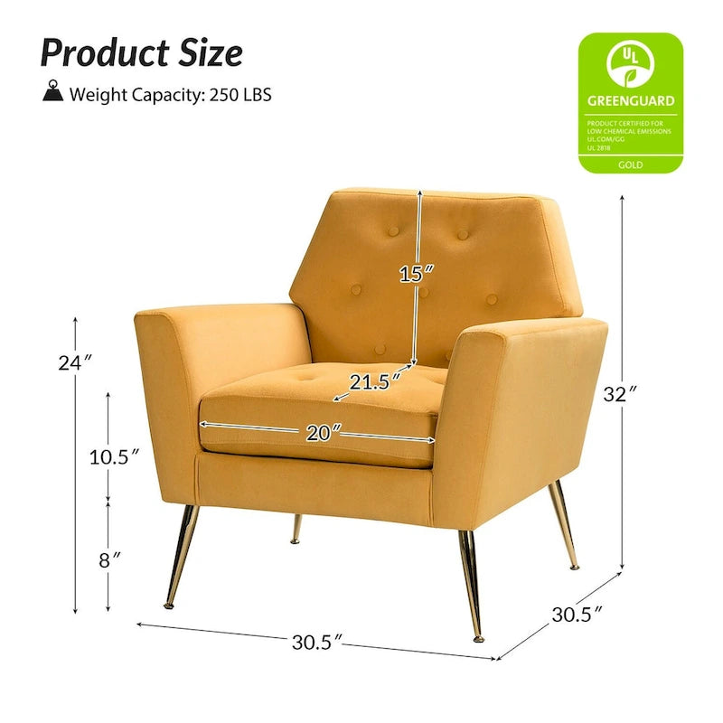 Contemporary Velvet Tufted Armchair with Gold Metal Legs