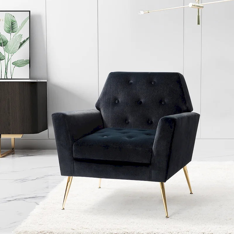 Contemporary Velvet Tufted Armchair with Gold Metal Legs