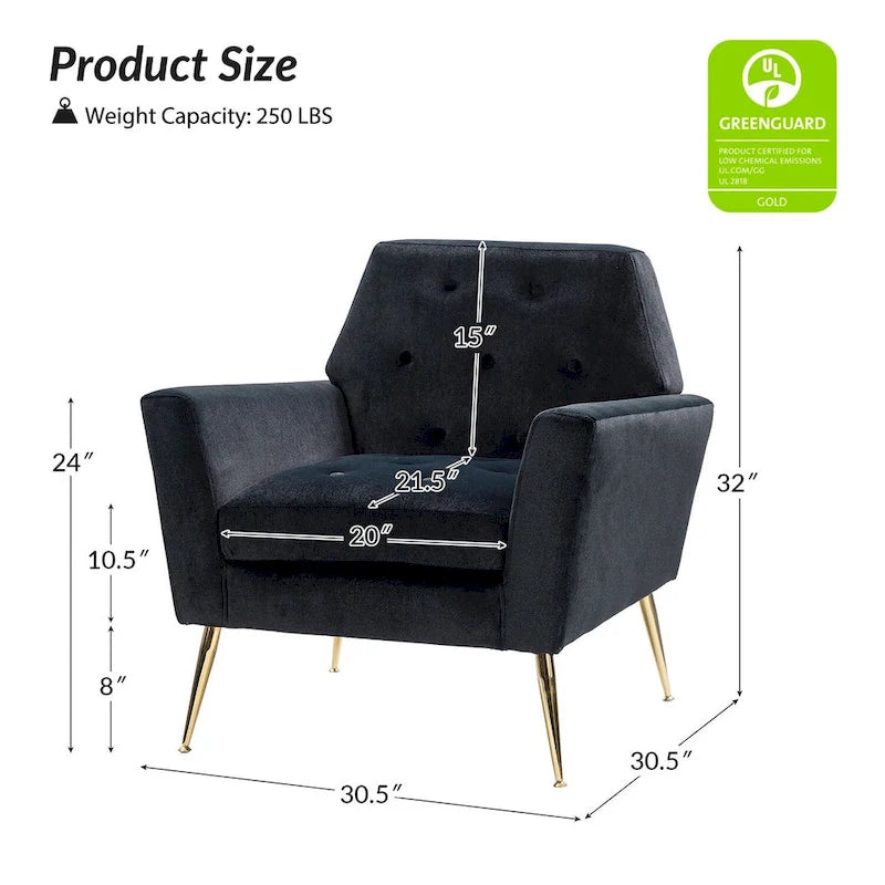Contemporary Velvet Tufted Armchair with Gold Metal Legs
