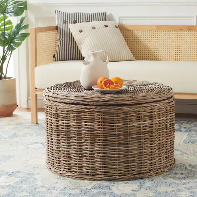 Wicker Storage Coffee Table with Cotton-Lined Interior – 29W x 29D x 17H