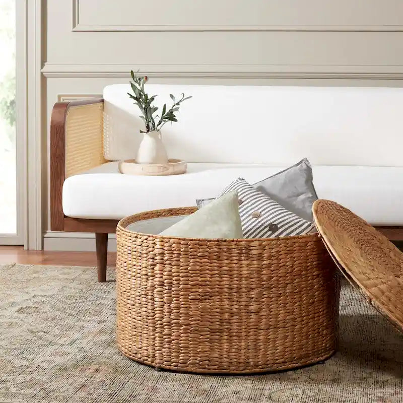 Wicker Storage Coffee Table with Cotton-Lined Interior – 29W x 29D x 17H