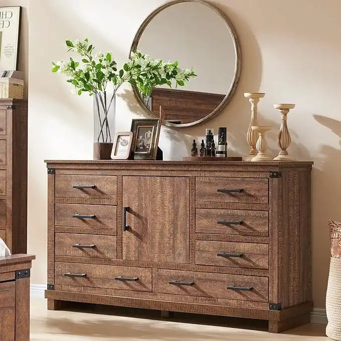 Farmhouse 8 Drawer Dresser, Wood Long Chest of Drawers, Closet Dresser