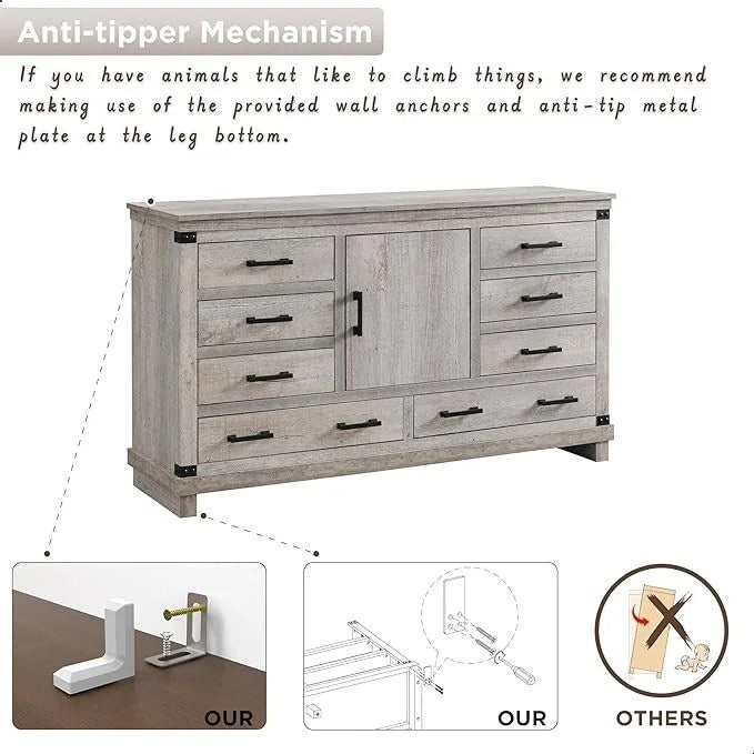 Farmhouse 8 Drawer Dresser, Wood Long Chest of Drawers, Closet Dresser