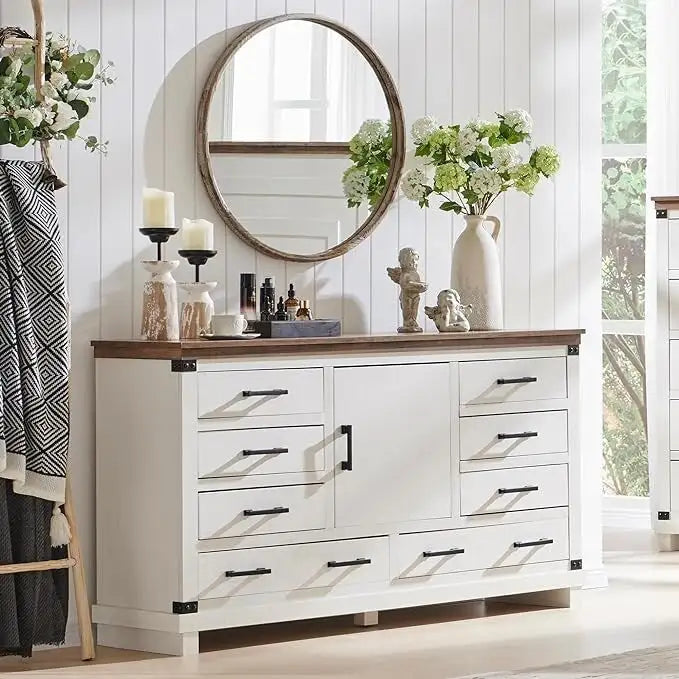 Farmhouse 8 Drawer Dresser, Wood Long Chest of Drawers, Closet Dresser
