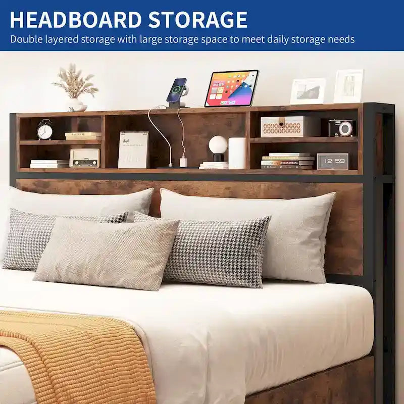 Queen/King Metal Platform Bed with 4 Storage Drawers & Built-In Charging Station