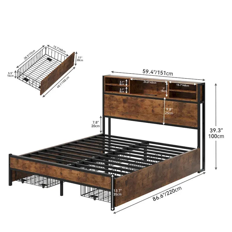 Queen/King Metal Platform Bed with 4 Storage Drawers & Built-In Charging Station
