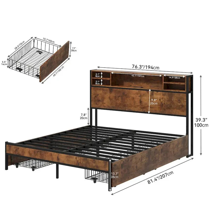Queen/King Metal Platform Bed with 4 Storage Drawers & Built-In Charging Station