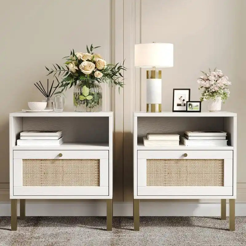 Natural Rattan Nightstand Set of 2, End Table,Boho Bedside Table with 1 Hand Made Door for Living Room, Bedroom