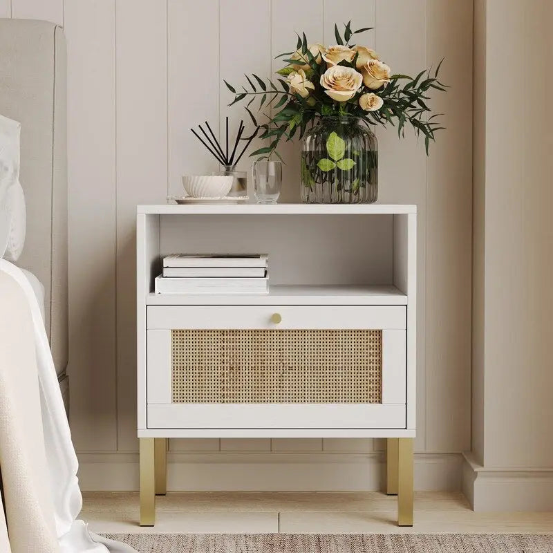 Natural Rattan Nightstand Set of 2, End Table,Boho Bedside Table with 1 Hand Made Door for Living Room, Bedroom
