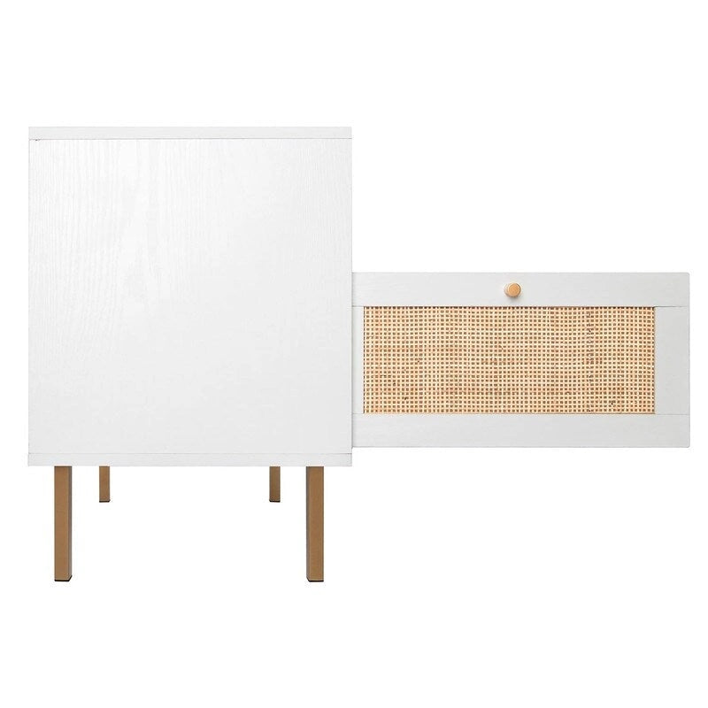 Natural Rattan Nightstand Set of 2, End Table,Boho Bedside Table with 1 Hand Made Door for Living Room, Bedroom