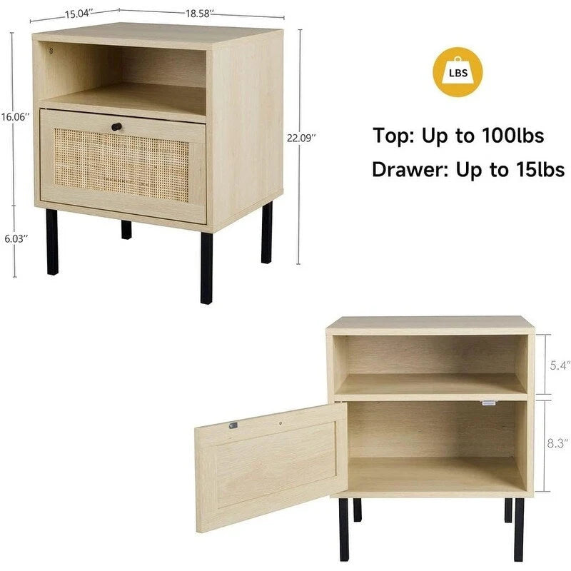Natural Rattan Nightstand Set of 2, End Table,Boho Bedside Table with 1 Hand Made Door for Living Room, Bedroom