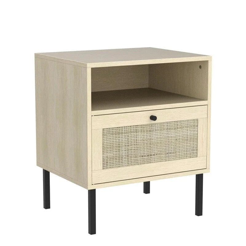 Natural Rattan Nightstand Set of 2, End Table,Boho Bedside Table with 1 Hand Made Door for Living Room, Bedroom