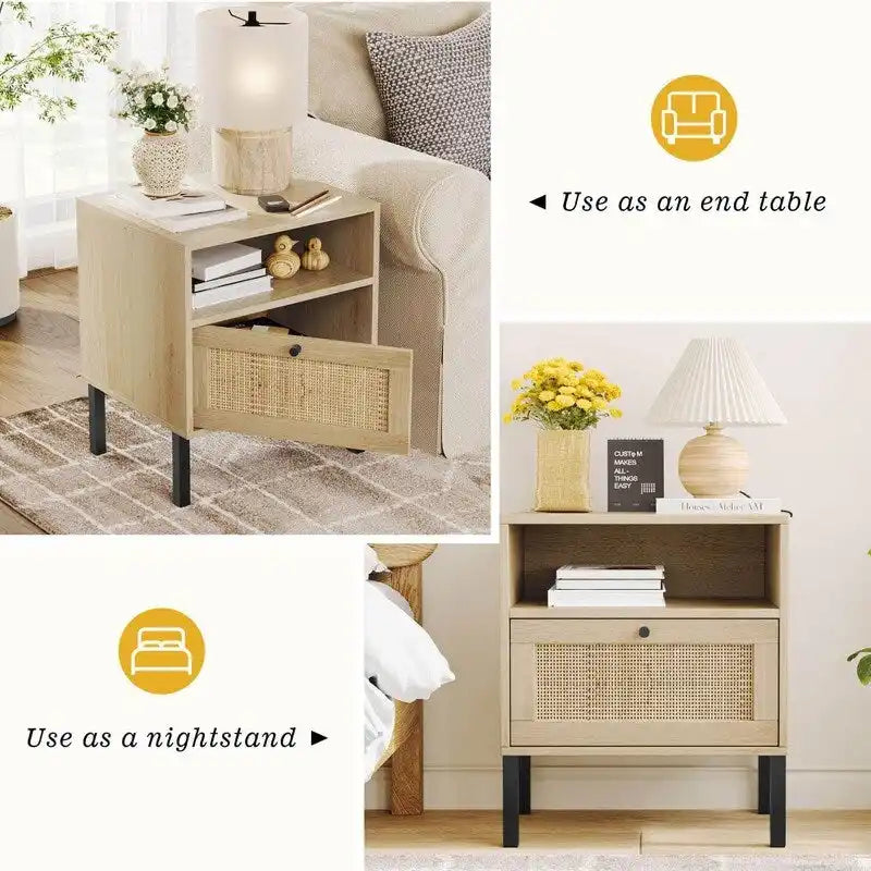 Natural Rattan Nightstand Set of 2, End Table,Boho Bedside Table with 1 Hand Made Door for Living Room, Bedroom