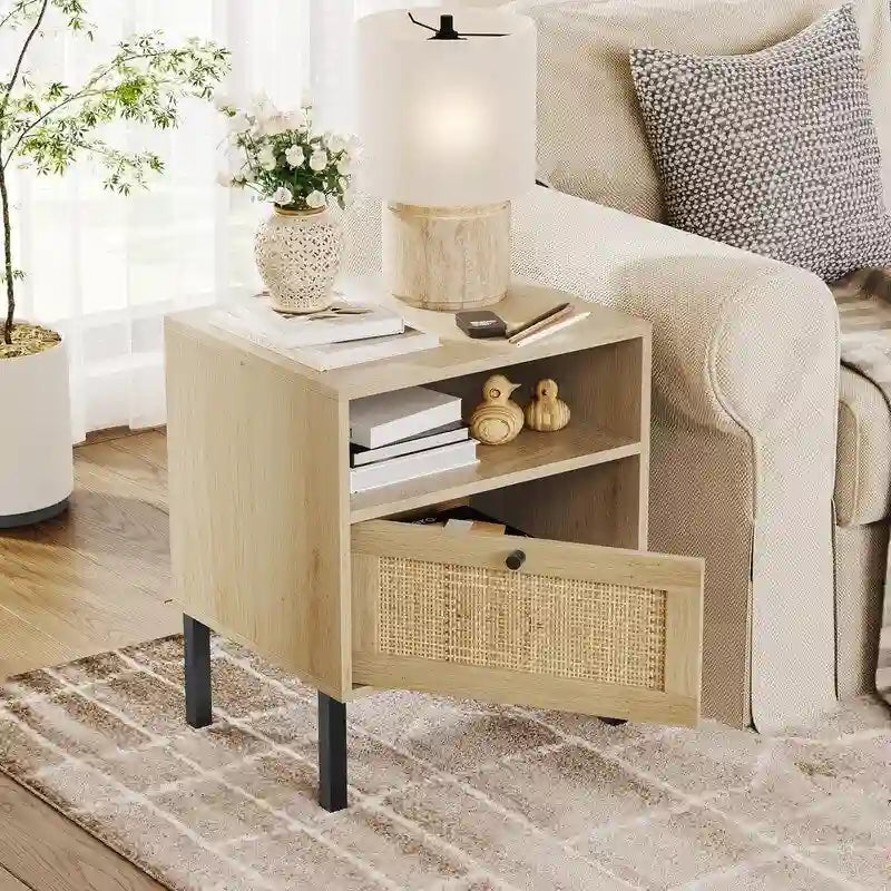 Natural Rattan Nightstand Set of 2, End Table,Boho Bedside Table with 1 Hand Made Door for Living Room, Bedroom