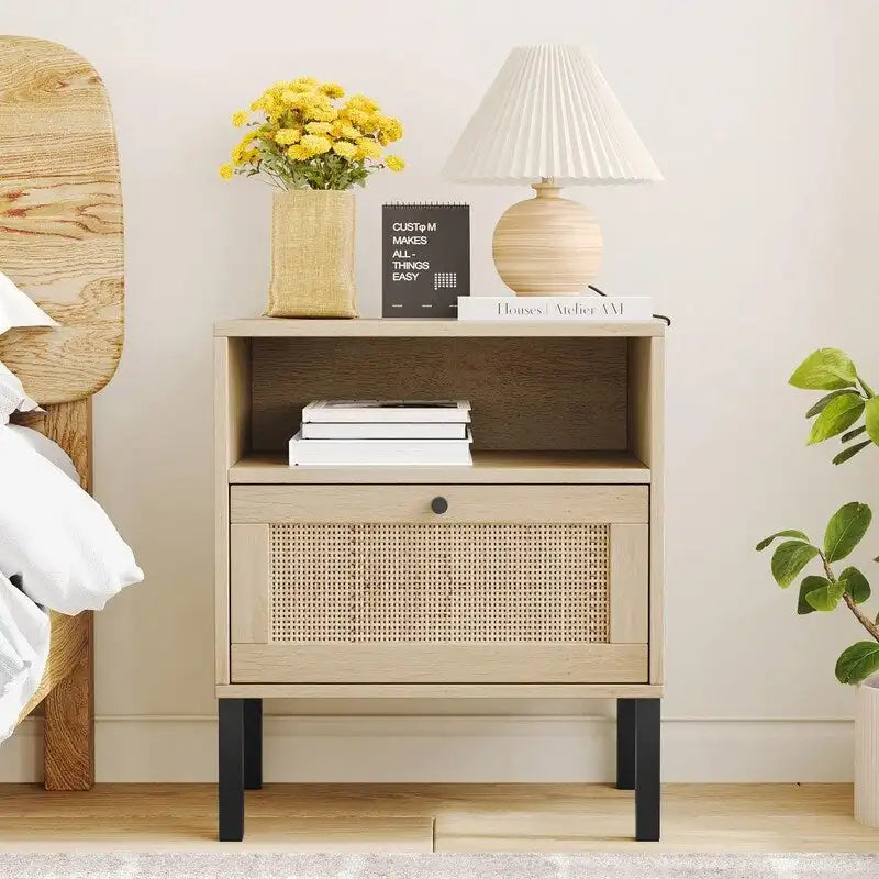 Natural Rattan Nightstand Set of 2, End Table,Boho Bedside Table with 1 Hand Made Door for Living Room, Bedroom