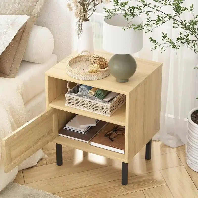 Natural Rattan Nightstand Set of 2, End Table,Boho Bedside Table with 1 Hand Made Door for Living Room, Bedroom