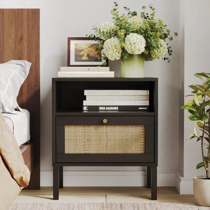 Natural Rattan Nightstand Set of 2, End Table,Boho Bedside Table with 1 Hand Made Door for Living Room, Bedroom