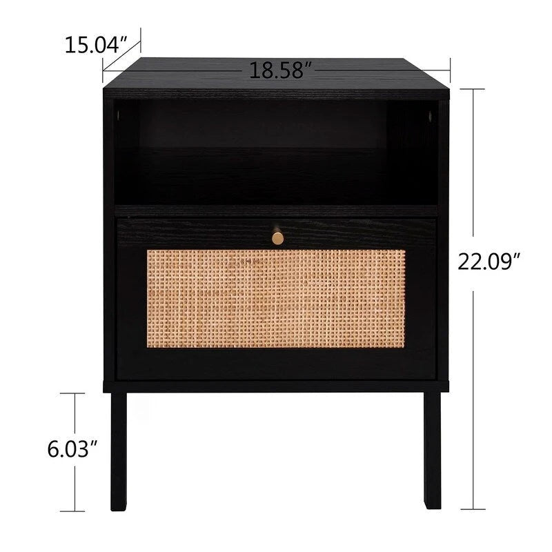 Natural Rattan Nightstand Set of 2, End Table,Boho Bedside Table with 1 Hand Made Door for Living Room, Bedroom
