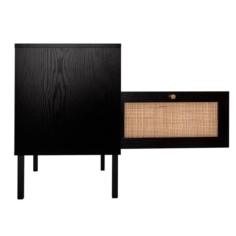 Natural Rattan Nightstand Set of 2, End Table,Boho Bedside Table with 1 Hand Made Door for Living Room, Bedroom
