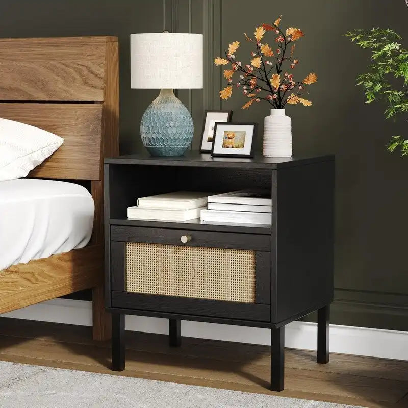 Natural Rattan Nightstand Set of 2, End Table,Boho Bedside Table with 1 Hand Made Door for Living Room, Bedroom