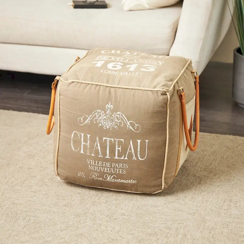 Rustic Square Canvas Pouf with Genuine Leather Handles – Multiple Colors