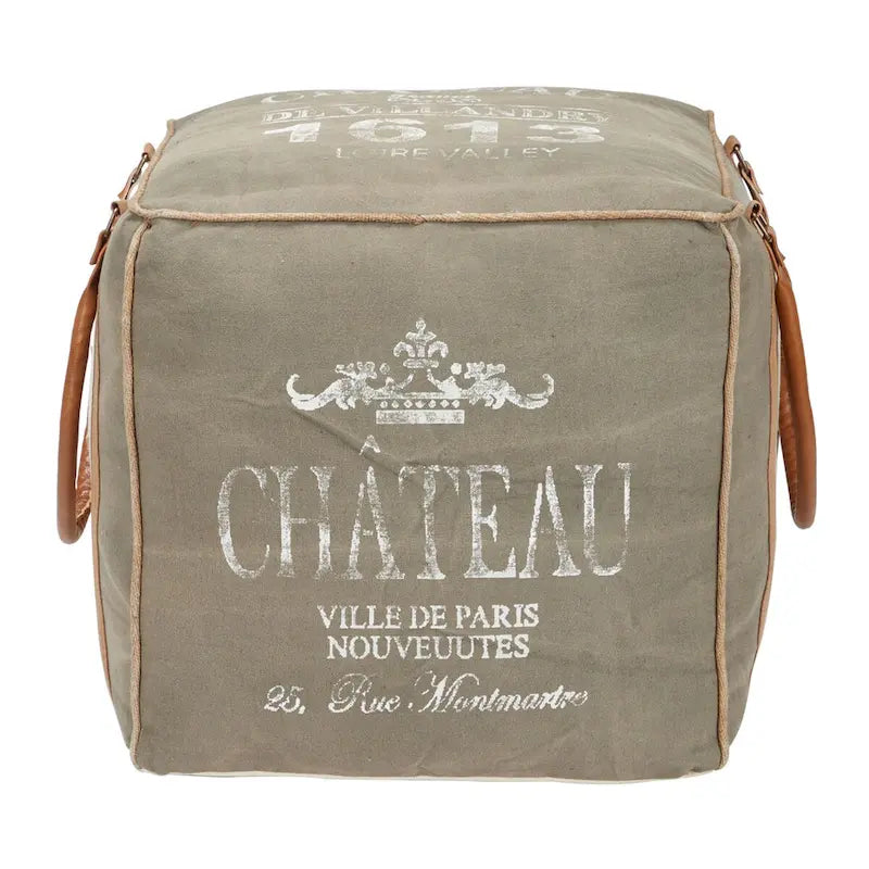 Rustic Square Canvas Pouf with Genuine Leather Handles – Multiple Colors