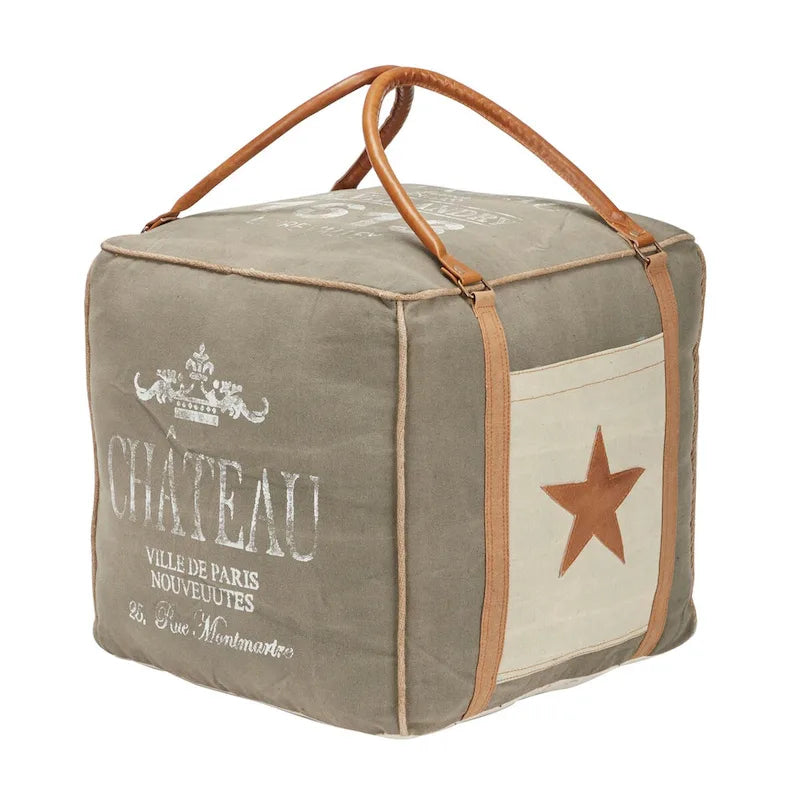 Rustic Square Canvas Pouf with Genuine Leather Handles – Multiple Colors